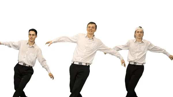 Três caras sorridentes de camisas brancas fazendo synch dança loo rotina — Fotografia de Stock