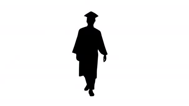 졸업 예복을 입고 걷고 있는 아프리카계 미국 남자 학생의 미소짓는 실루엣. — 비디오