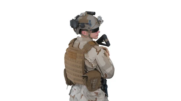 Fully Equipped Solder Holding Assault Rifle and Standing looking — Stock Photo, Image