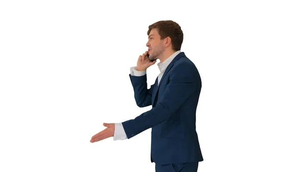 Stres a naštvaný podnikatel mluví do telefonu na bílém bac — Stock fotografie