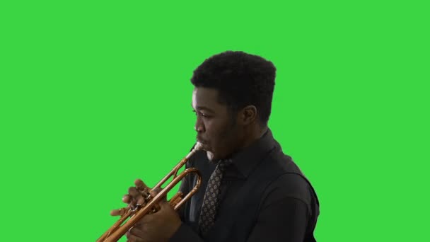 Afrikansk amerikansk musiker spiller trompet udtryksfuldt på en grøn skærm, Chroma Key. – Stock-video