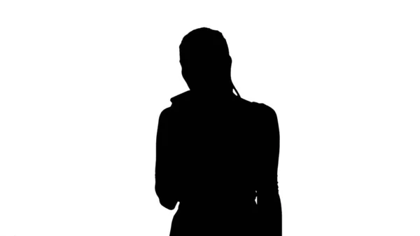 Silhouette Wütend unzufriedene junge Frau ruft Kundin an — Stockfoto