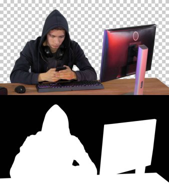 Laptop ve akıllı telefon kullanan başlıklı hacker, Si ile Alfa Kanalı