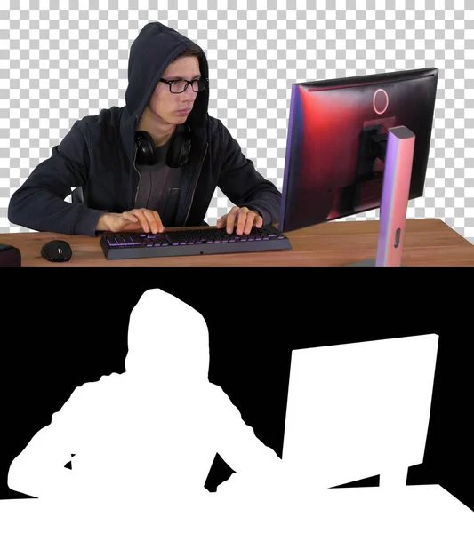 Hacker i glasögon bryta koden, Alpha Channel med siluett — Stockfoto