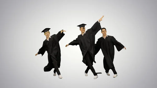 Három férfi diplomás köntösben és habarcsban táncol szinkronban. — Stock Fotó