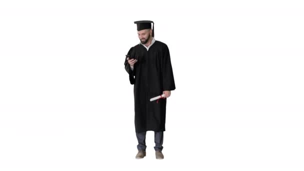 Mature man graduate student recording voice message on white background.