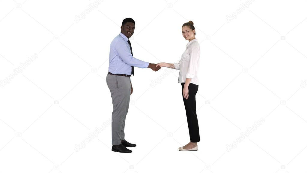 Handshake of business woman and business man posing for the pict