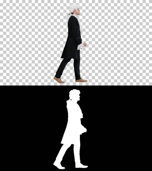 Homem em antiquado casaco lacado e peruca branca andando em um — Fotografia de Stock