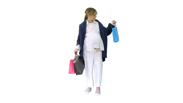 美しいです幸せなエキサイティングな妊娠中のブロンド女性を保持ショッピング — ストック写真