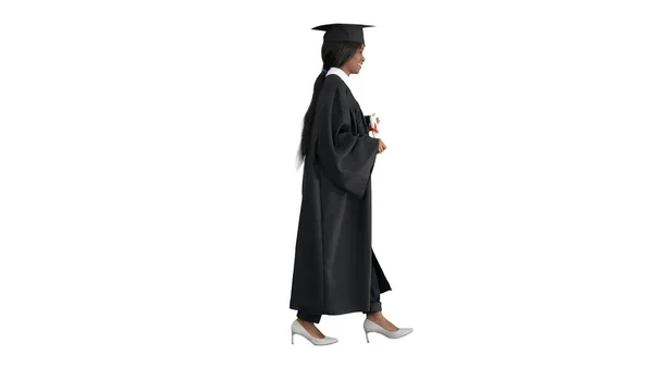 Young african graduate student walking and laughing on white bac — Stock Photo, Image