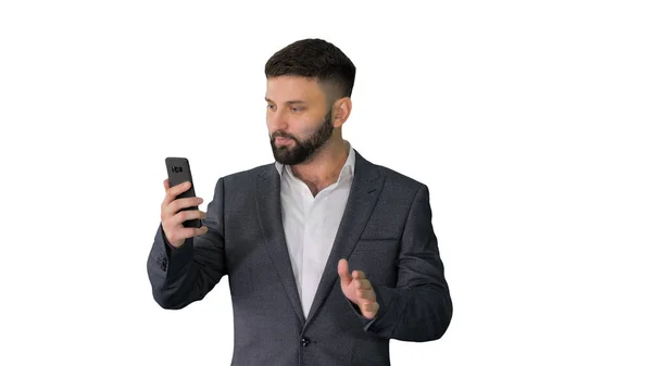 Handsome businessman walking and recording story for a social ne — Stock Photo, Image