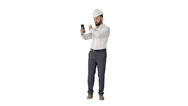 Man engineer wearing protecting safety helmet and shirt making v — Stock Photo, Image