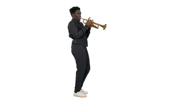 Afrikanischer Musiker spielt ausdrucksstark Trompete auf wh — Stockfoto