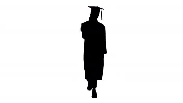 Silhouette Καλή αποφοίτηση φοιτητής με τα πόδια και να κάνει μια κλήση. — Αρχείο Βίντεο