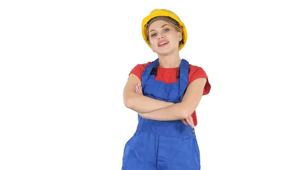 Χαμογελαστός κατασκευαστής εργαζόμενη γυναίκα στέκεται και αλλάζει στάση Fol — Φωτογραφία Αρχείου