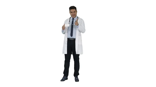 Doctor talking to camera presenting new medicine on white background. — Stock Photo, Image