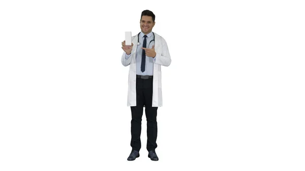 Confident Doctor Smiling and Presenting in Hand New Treatment on white background. — Stock Photo, Image