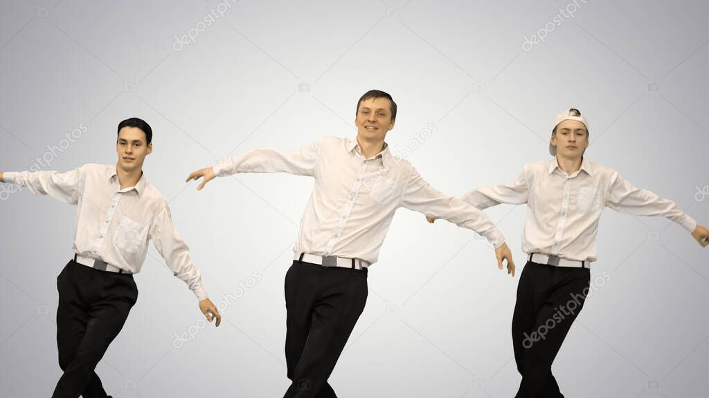 Three smiling guys in white shirts doing synch dance routine loo