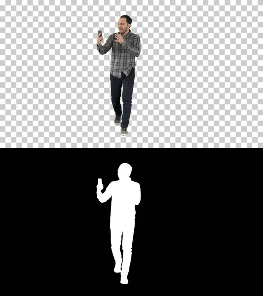 Homem animado usando a gravação de smartphones vídeo blog vlog, Alpha Ch — Fotografia de Stock