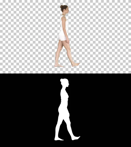 One female walking barefoot in white clothes, Alpha Channel — Stock Photo, Image
