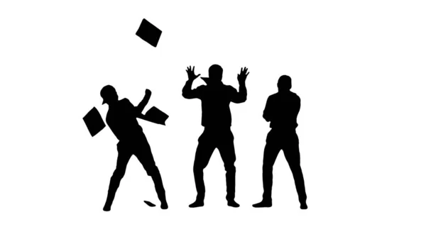 Silhouette Three guys throwing documents in the air and starting — Stock Photo, Image