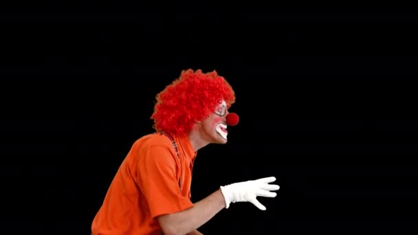 Clown streift herum und macht leise Geste in die Kamera, Alpha Channel — Stockvideo