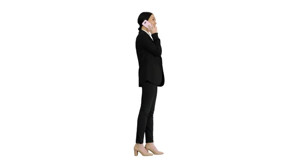 Junge Geschäftsfrau telefoniert auf weißem Hintergrund. — Stockfoto