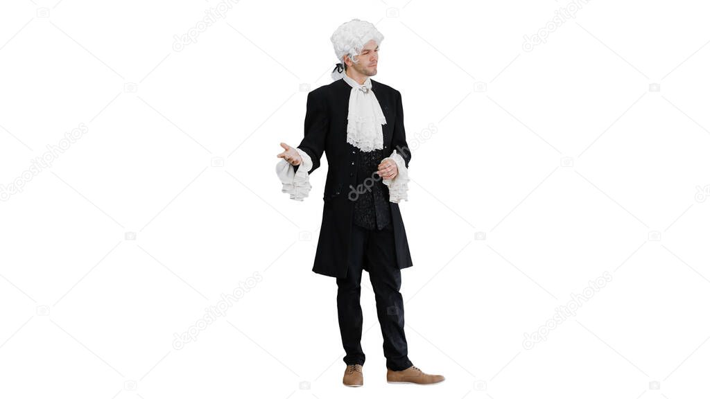 Man in 18th century camisole and wig doing welcoming gesture on