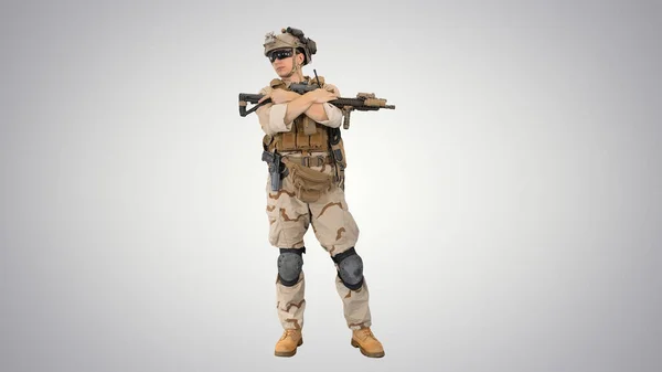 Tired american soldier with a rifle standing on gradient backgro — Stock Photo, Image