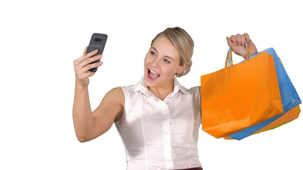 Sale, consumerism, technology and people concept - happy young w — Stock Photo, Image