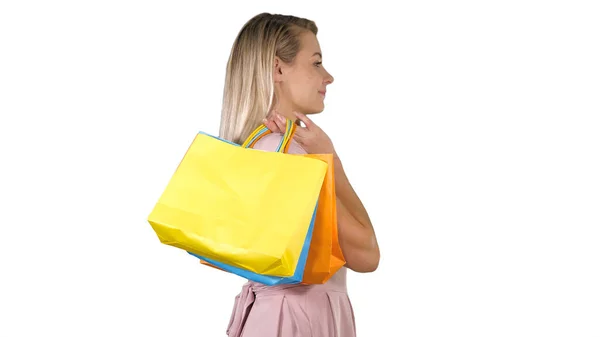 Laten we beginnen met de verkoop winkelen Vrouw in roze wandelen met shoppin — Stockfoto