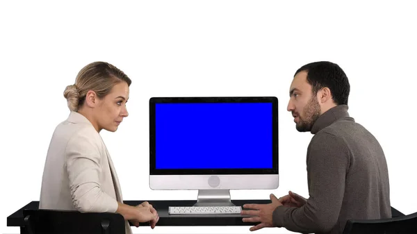 Business people having meeting around monitor of computer talkin — Stock Photo, Image