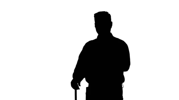 Silhouette Floor care and cleaning services. Casual man cleaning the floor and showing thumb up gesture. — Stock Photo, Image