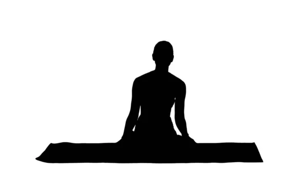 Silhouet mooie vrouw zitten op yoga mat en praten met zo — Stockfoto
