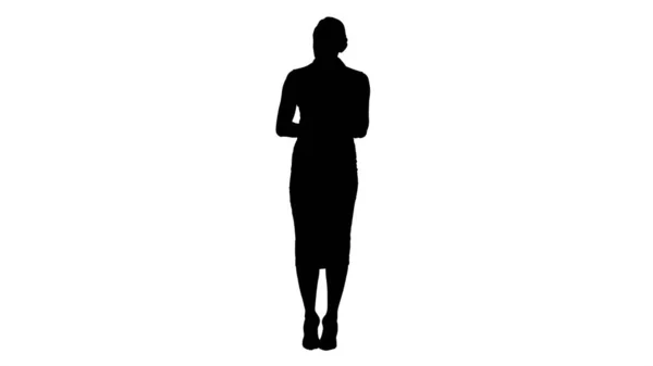 Silhouette Charming female business lady talking to the camera. — Stock Photo, Image