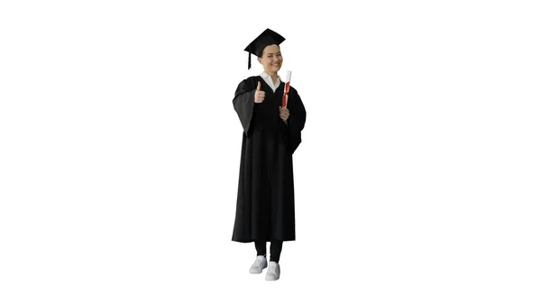 Happy graduate woman holding diploma and thumb up on white backg — Stock Photo, Image