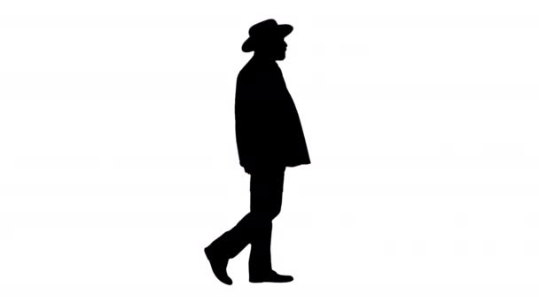 Silhouette Ανώτερος αγρότης με καπέλο περπάτημα. — Αρχείο Βίντεο