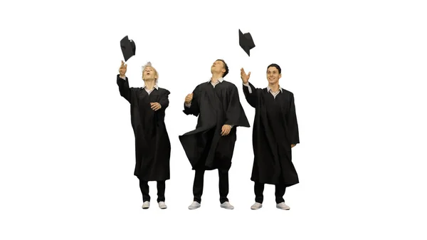 Három boldog férfi diplomások dobott mortarboards a levegőben, és — Stock Fotó