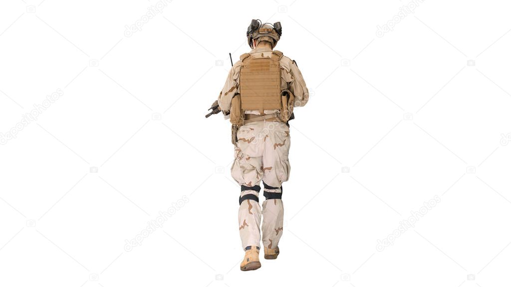 US Army ranger in combat uniform walking on white background.