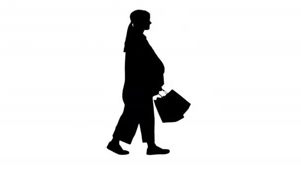 Hermosa mujer embarazada feliz caminando después de ir de compras, Alpha Channel — Vídeos de Stock