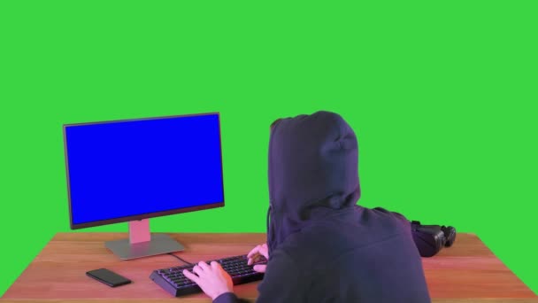 Hacker in hood cracking code using pc on a Green Screen, Chroma Key. — стокове відео