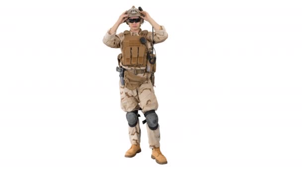 Soldier preparing tactical gear for action battle on white background. — Stock Video