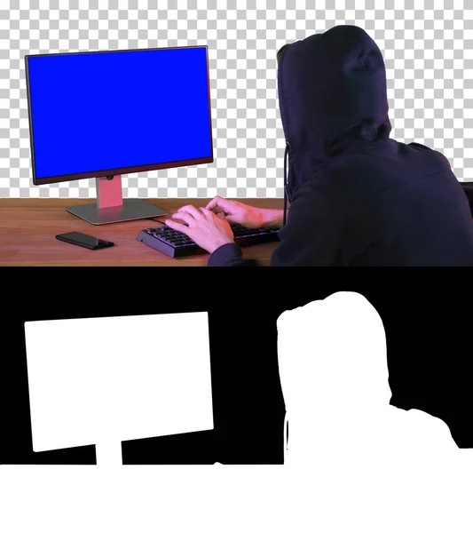 Hacker in hood cracking code using pc, Alpha Channel with Silhou — Stock Photo, Image