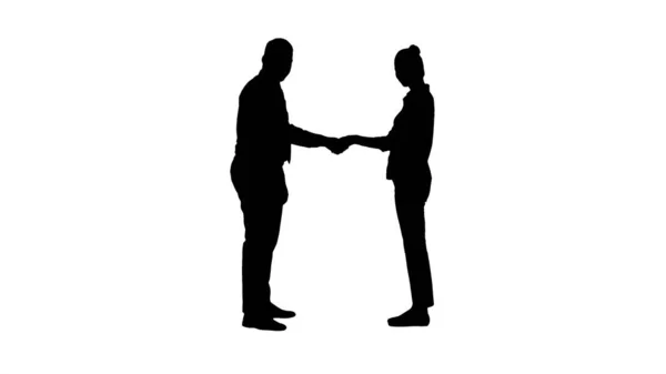 Silhouette Handschlag von Geschäftsfrau und Geschäftsmann posiert f — Stockfoto