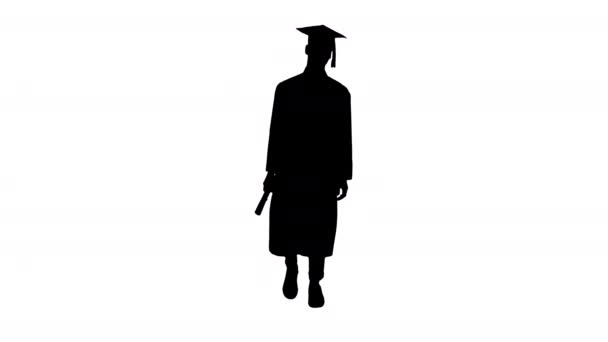 Silhouet Graduate student glimlachen en wandelen met diploma. — Stockvideo