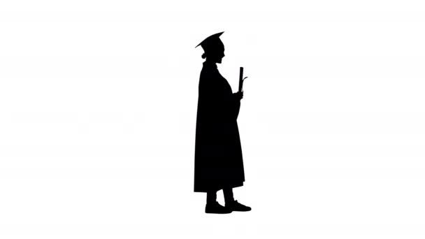 Silhouette Happy graduate woman holding diploma and thumb up. — Stock Video