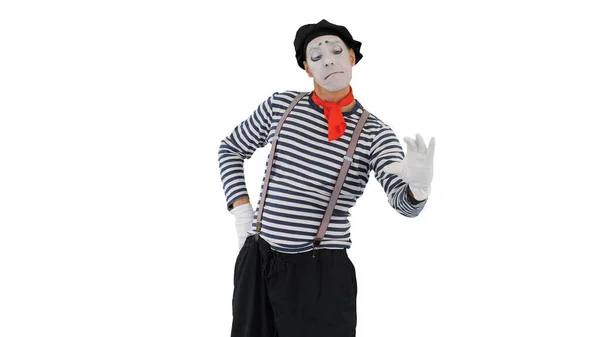 Funny mime in white gloves making selfie photos on white backgro — Stock Photo, Image