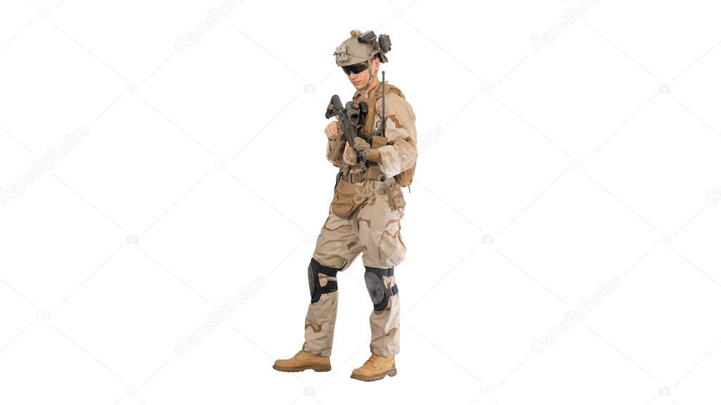 United states Marine Standing And Talking on white background.