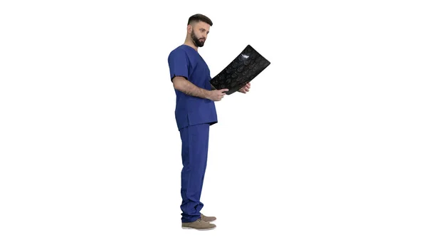 Doctor having a look at mri brain scan on white background. — Stock Photo, Image