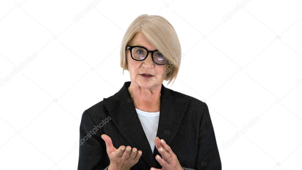 Senior businesswoman executive teacher looking at camera talking